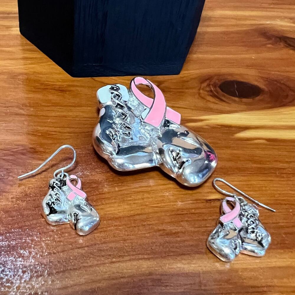 Pink Ribbon Cancer Boxing Glove‎ Pendant Brooch & Dangle Earrings Silver Tone